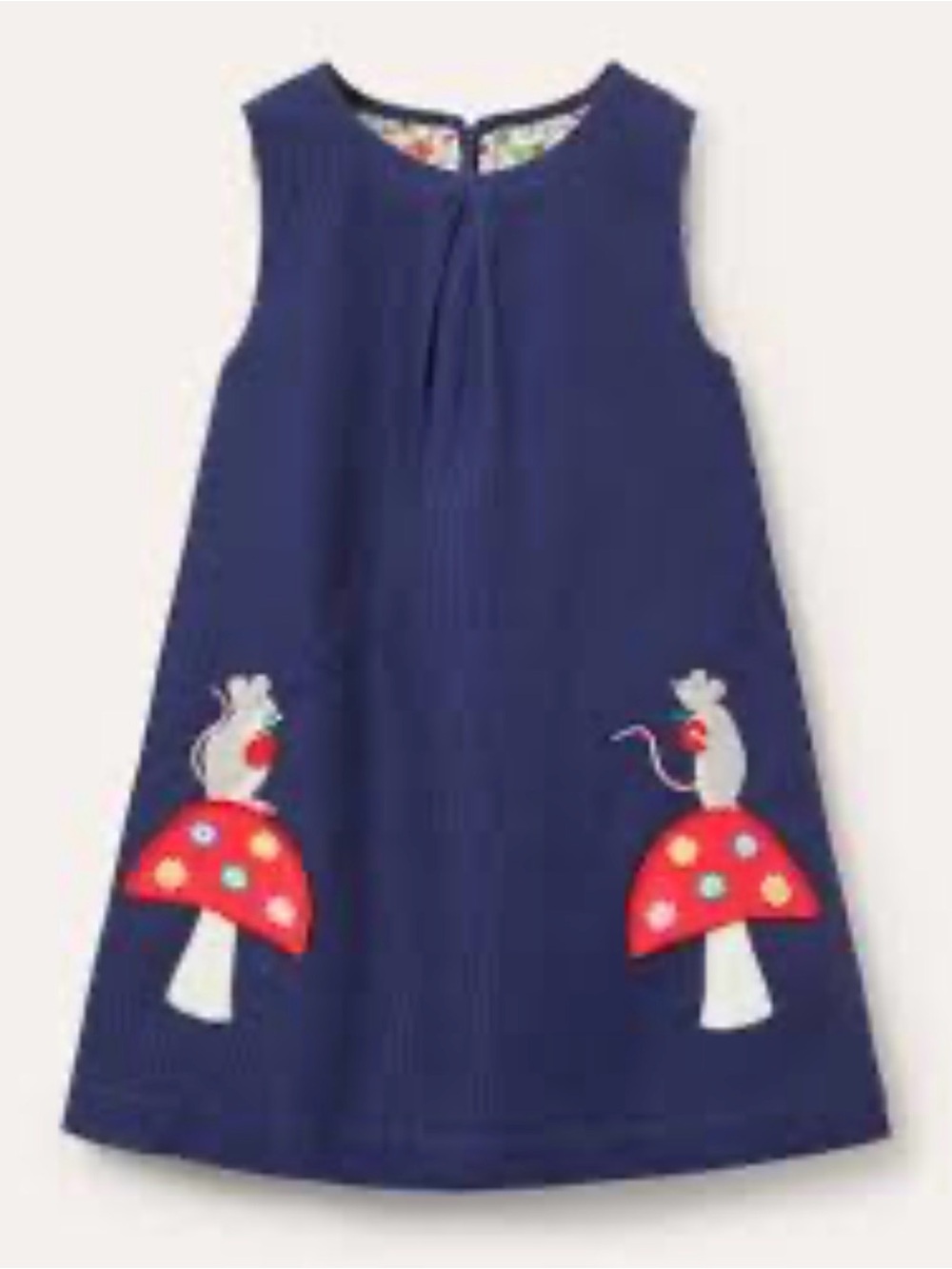 Mini Boden Navy Floral Zip-Back Pinafore Dress with appliqué trim